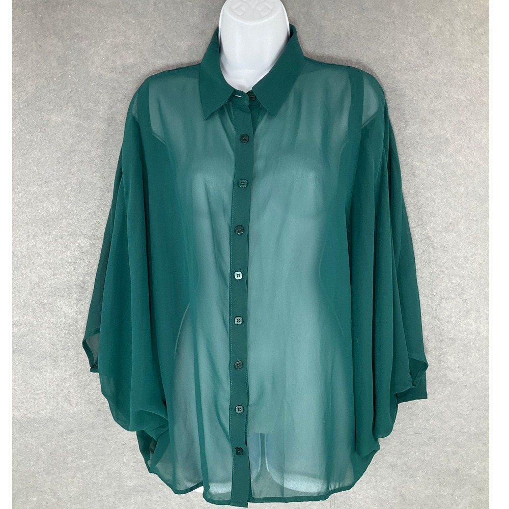 Bebe Sheer Button-Up Top Open Back Blouse Batwing Flowy Green‎ Sz M Forest Fairy
